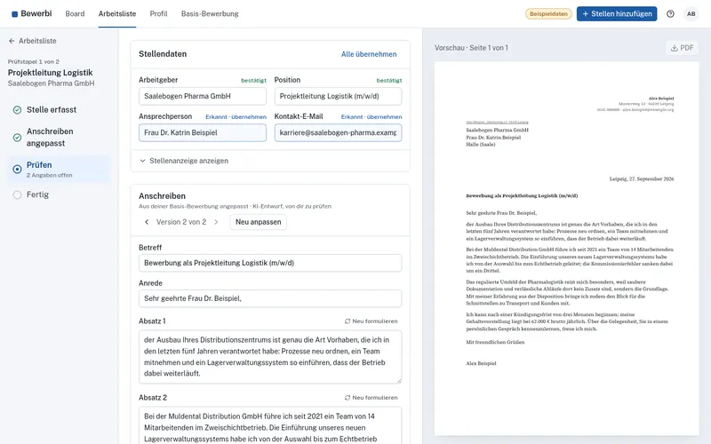 Bewerbio-Prototyp: links die Felder des Anschreibens, rechts die PDF-Vorschau. Beispieldaten.