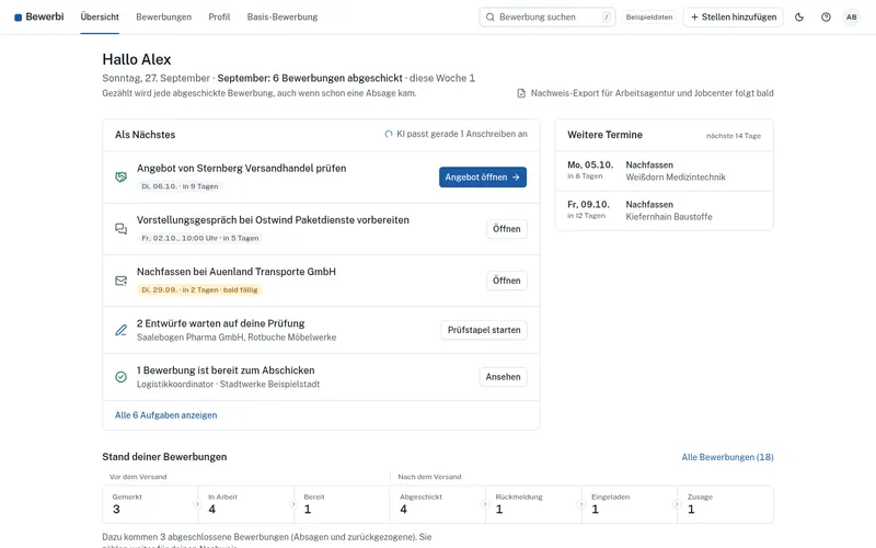 Bewerbio-Übersicht mit den nächsten Aufgaben und dem Stand aller Bewerbungen. Beispieldaten.